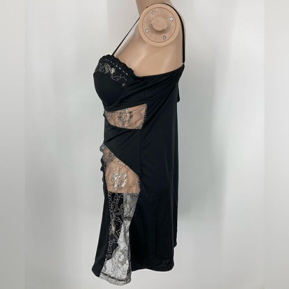 Popsi Lingerie Silver Embroidered Lace /Black Babydoll Size M - Picture 4 of 8